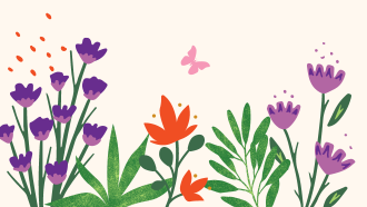 digital art of purple and orange flowers with green leaves on the stems. An icon of a pink butterfly is flying above the flowers.