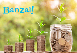 Four stacks of coins and a glass jar full of coins with a plant growing out of the top.