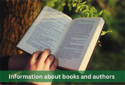 hand holding a book open near a tree. White text reading information about books and authors on a green banner.