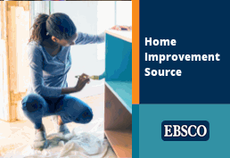 Woman squatting painting a shelf. Next to the photo is text reading Home Improvement Source with the EBSCO logo. 