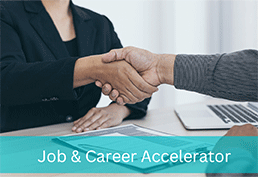 two people shaking hands at a desk. Words Job & Career Accelerator in white text on a teal banner.