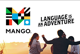 Mango logo with text reading Language is an adventure over an image with a group of people looking out over a horizon. 