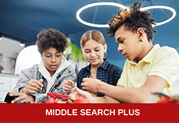 two boys sitting on each side of a girl working on wiring on a robot. 