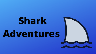 Shark fin graphic with water waves on a blue background.