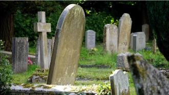 angled photo of older headstones in a cemetery. 