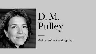 Black and white photo of author D. M. Pulley with working about author visit and book signing. 