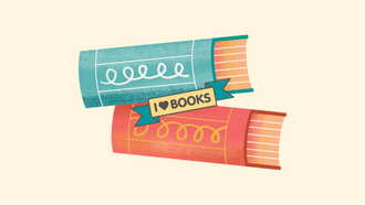 two books stacked with a banner stating I Love Books. 