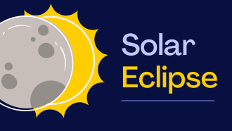 Icon of a gray moon in an eclipse over a yellow sun. Next to the icons is text reading Solar in blue and Eclipse in yellow. 