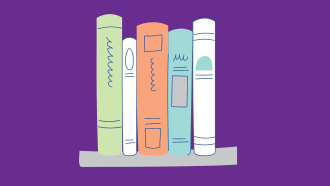 Drawing of five books on a gray shelf. There are two white books, a teal book, a green book, and an orange book on a purple background. 
