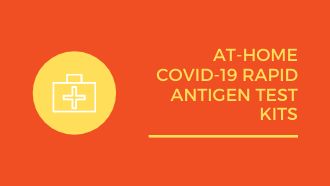 medical briefcase icon inside yellow circle with text stating: At-home COVID-19 Rapid Antigen Test Kits