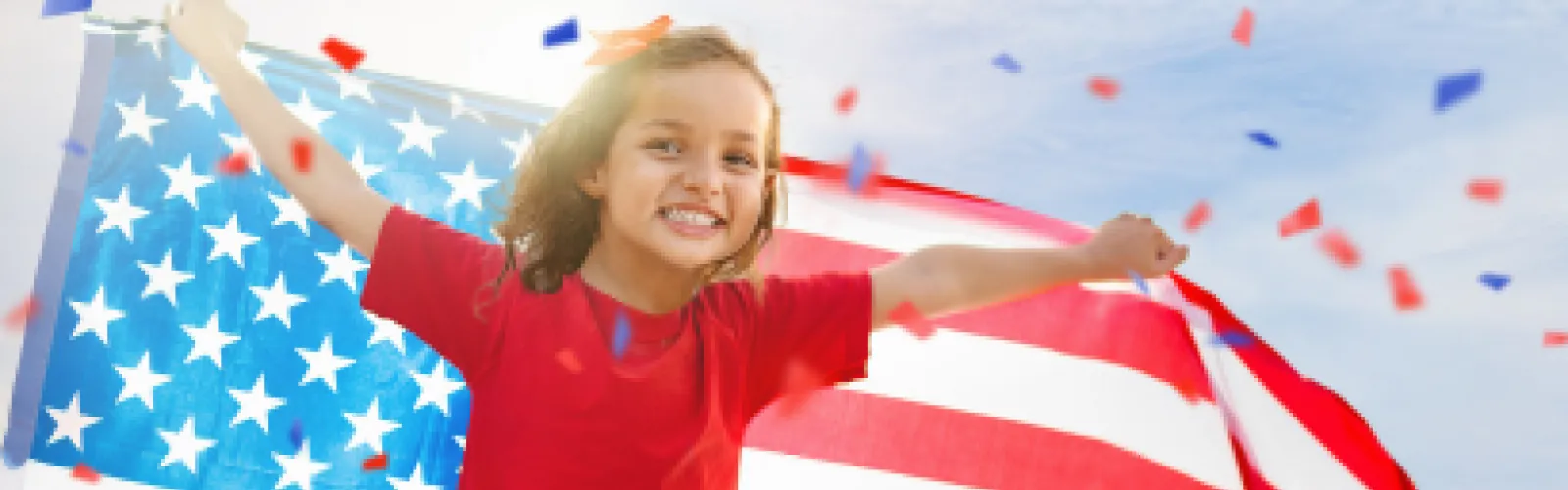 Kid in a red shirt holding an American Flag behind their back with confetti falling down.