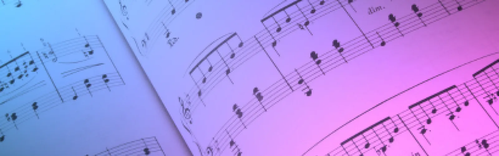 Sheet of music with a colored background that is a gradient of blue to pink.
