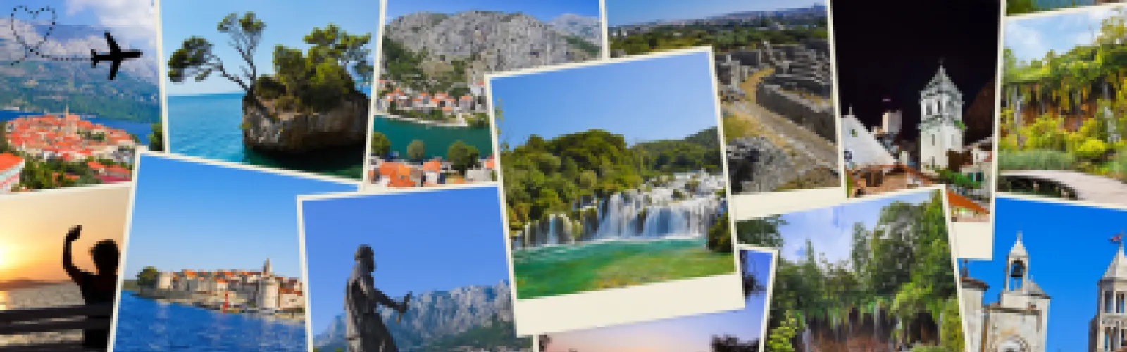 Collage of travel polaroids, including waterfalls, ocean views, and historic buildings.